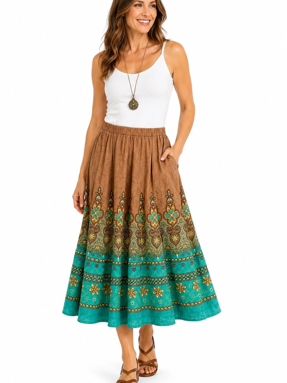 Coldwater Creek Linen Blend Boho Midi Skirt Women’s XS Brown Blue Lined